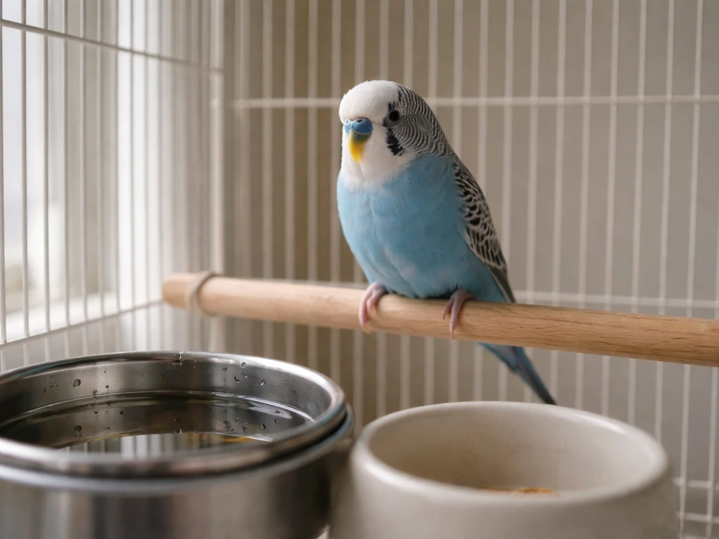 Small pet parakeet perched by a visible water bowl with an empty dish nearby to imply dehydration risk.