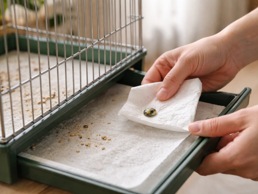 Close-up of a birdcage liner with a caretaker inspecting and placing a fresh dropping on a tissue
