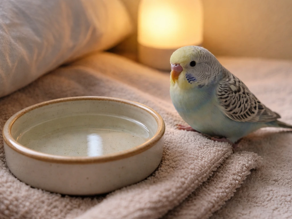 A small pet bird near a clean water bowl on a warm towel, creating a calm safe-supportive care moment.