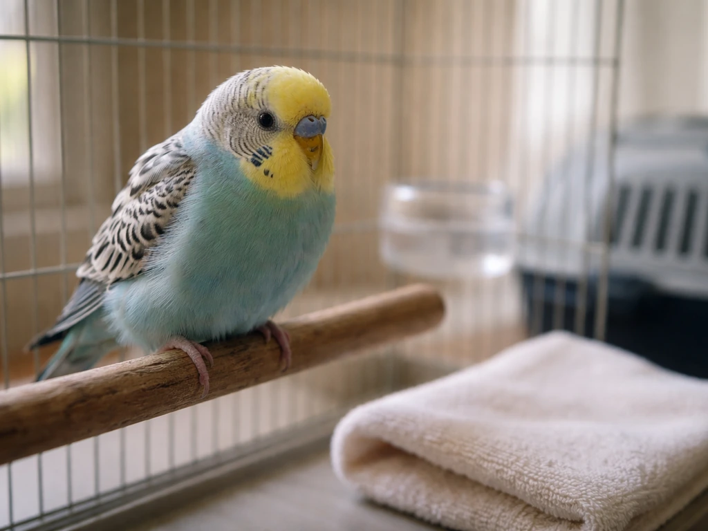 Close-up of a pet budgerigar perched in a quiet cage, with simple first-aid readiness cues in the background.