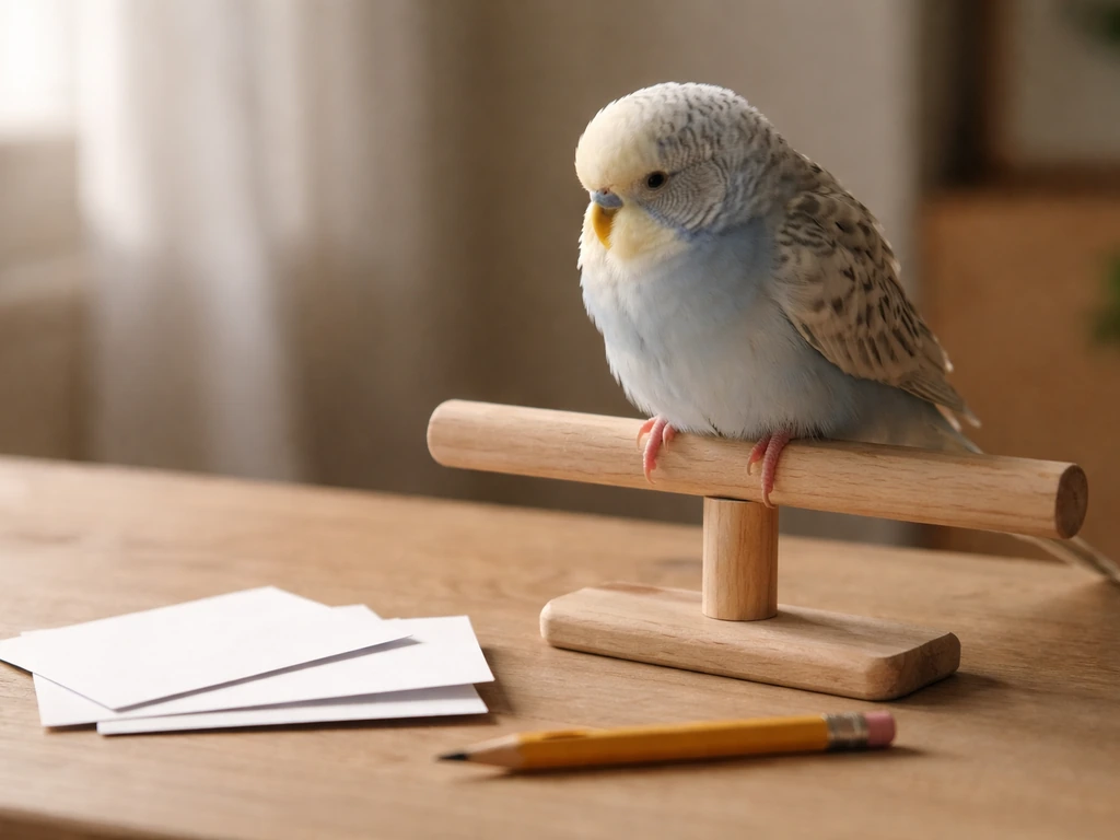 Close-up of a small pet bird perched by a simple checklist-like set of items, showing subtle warning posture cues
