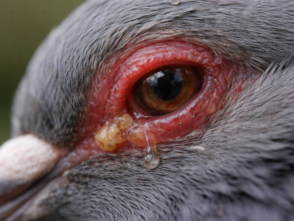 Close-up of a single bird eye with redness, slight swelling, and watery-to-crusty discharge.