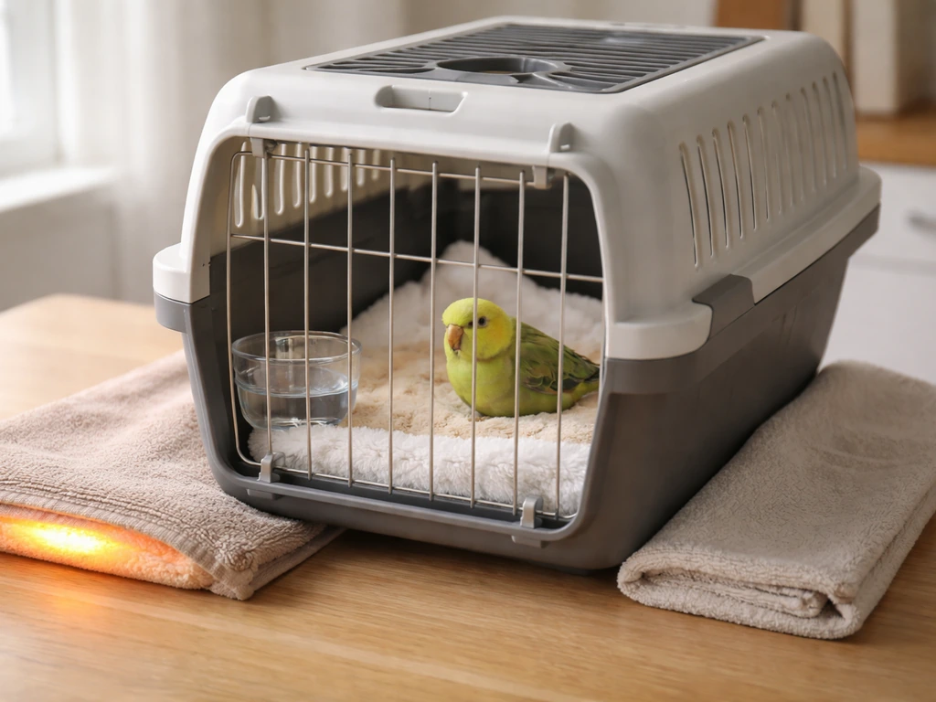 Close-up of an isolated pet bird in a ventilated carrier with a warm heat pad nearby