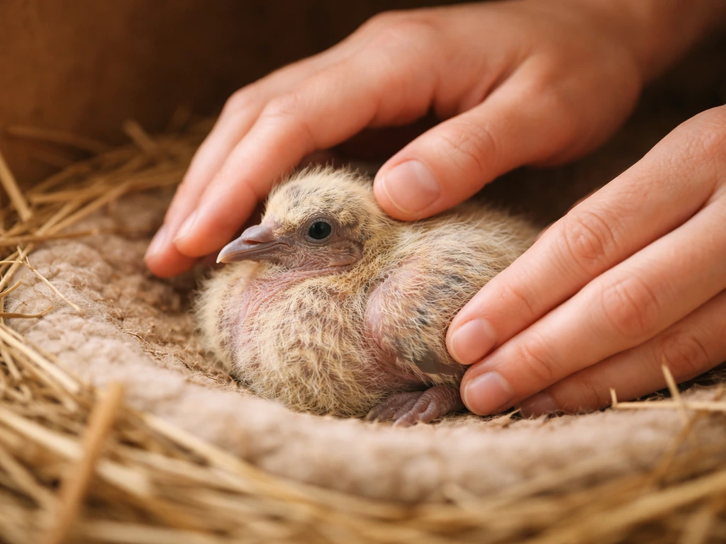 A caretaker gently checks a young pigeon squab’s breathing in a clean, warm nest.