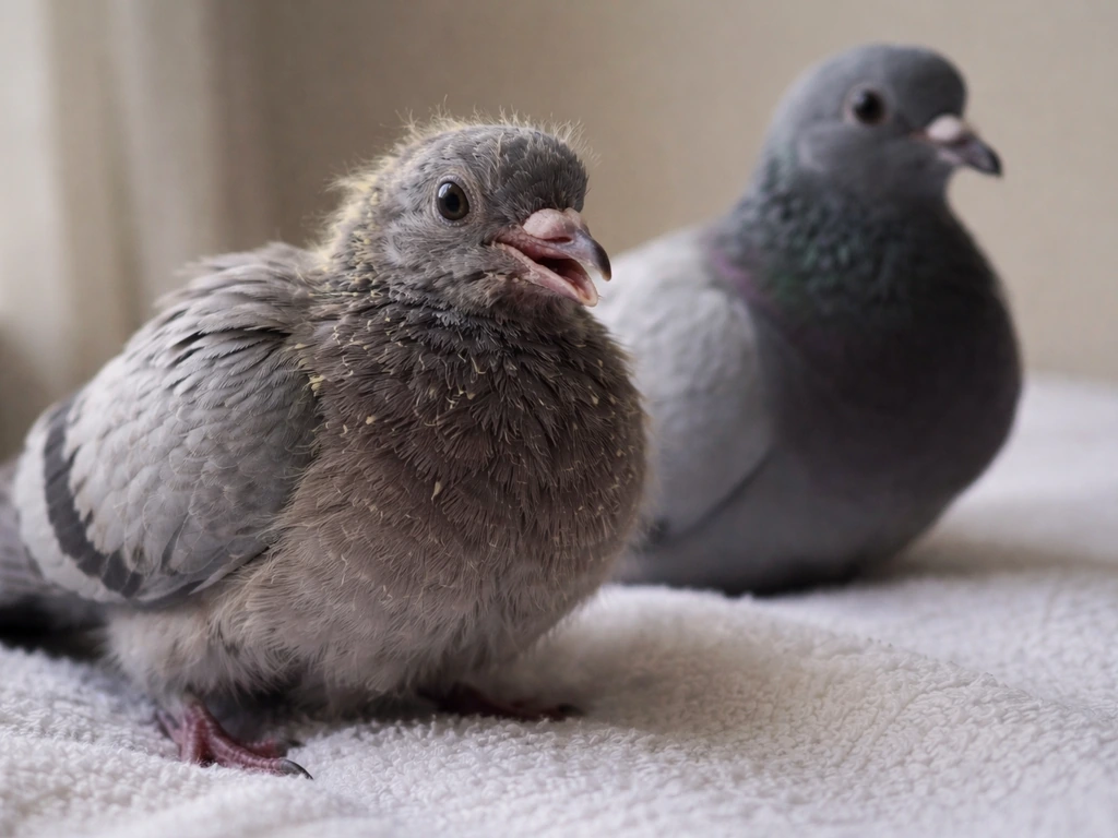 Close-up of young pigeons showing open-mouth breathing and calmer quiet breathing on a towel.