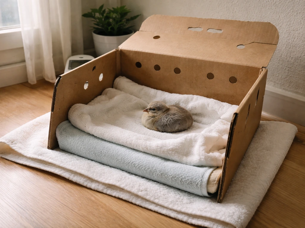 Isolated warm box enclosure with a single sick squab in simple bedding at home.