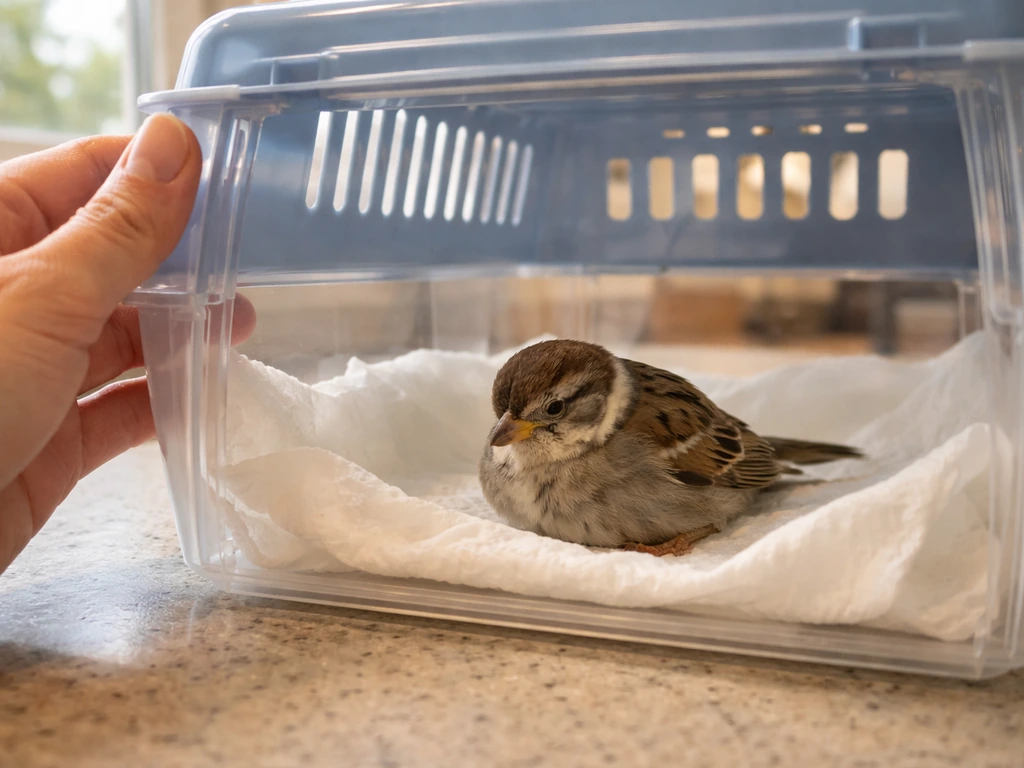 Small injured bird lying weak inside a ventilated carrier with a caregiver’s hand nearby