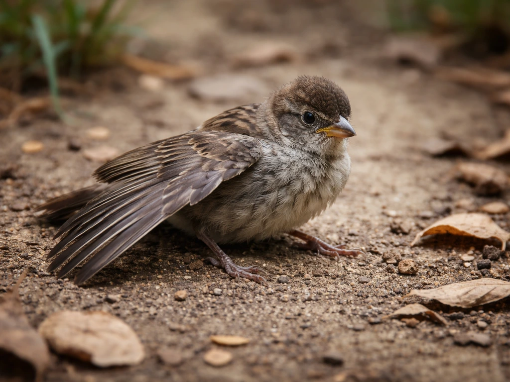 Close-up of a grounded bird with drooping wings and weak legs struggling to stand upright.