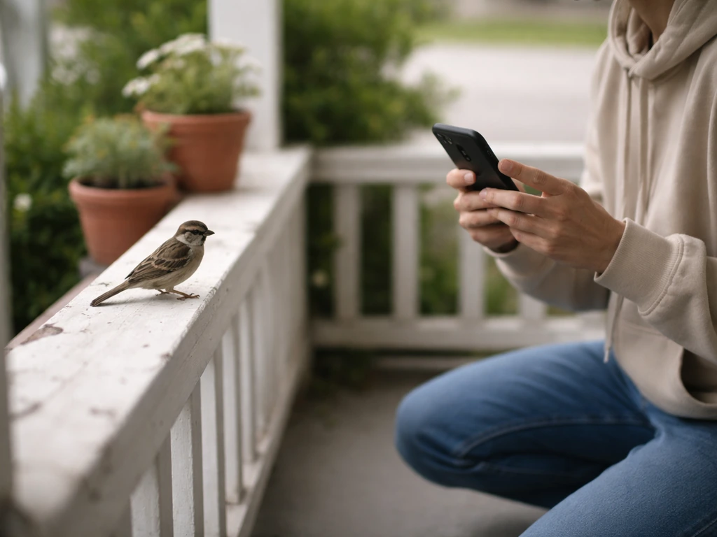 Person observing a small bird’s chest and tail movement from a safe distance on a quiet porch.