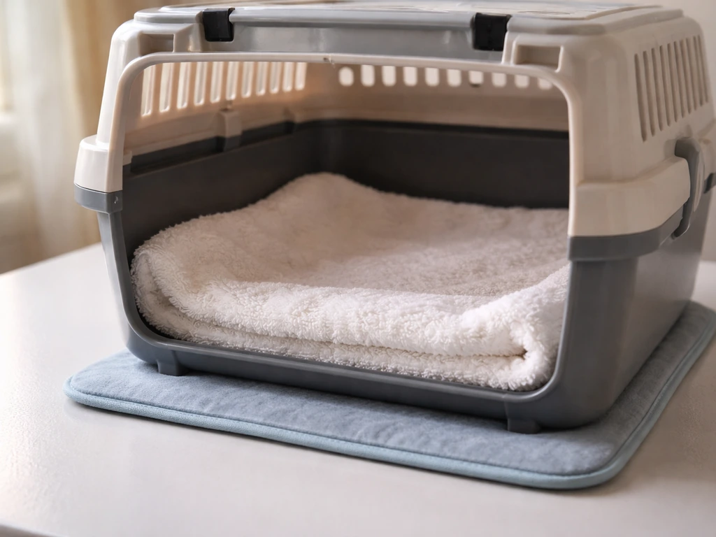 Warmth setup for a triaged bird in a small ventilated carrier with towel lining and a heating pad beneath.