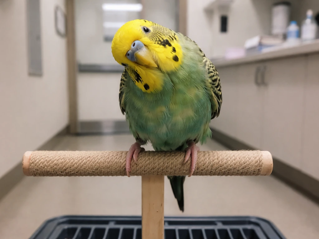 Small pet bird on a perch inside a carrier, with head tilt and uncoordinated movement.