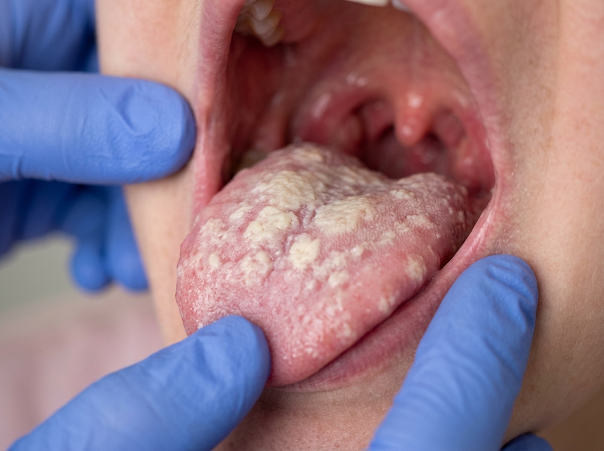 Close-up of creamy white thrush lesions on tongue and throat