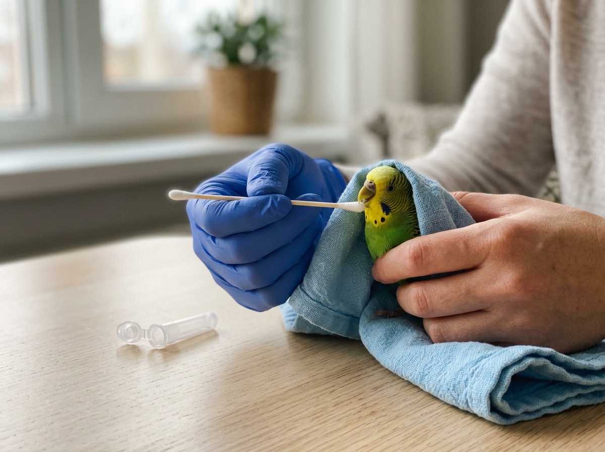 Gloved hand holding a sterile swab preparation for veterinary testing