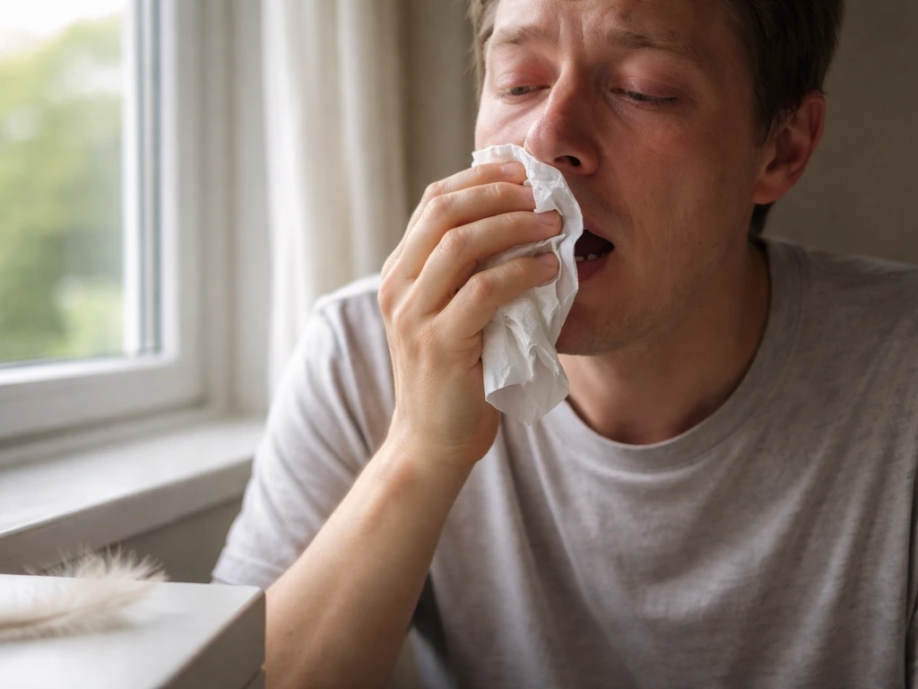 Close-up of a person’s face with watery eyes and sneezing, sitting near an open window with a feather