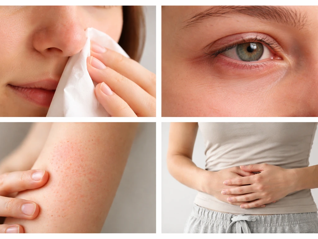 Minimal photoreal montage showing mild respiratory, eye, skin, and stomach allergy symptoms.