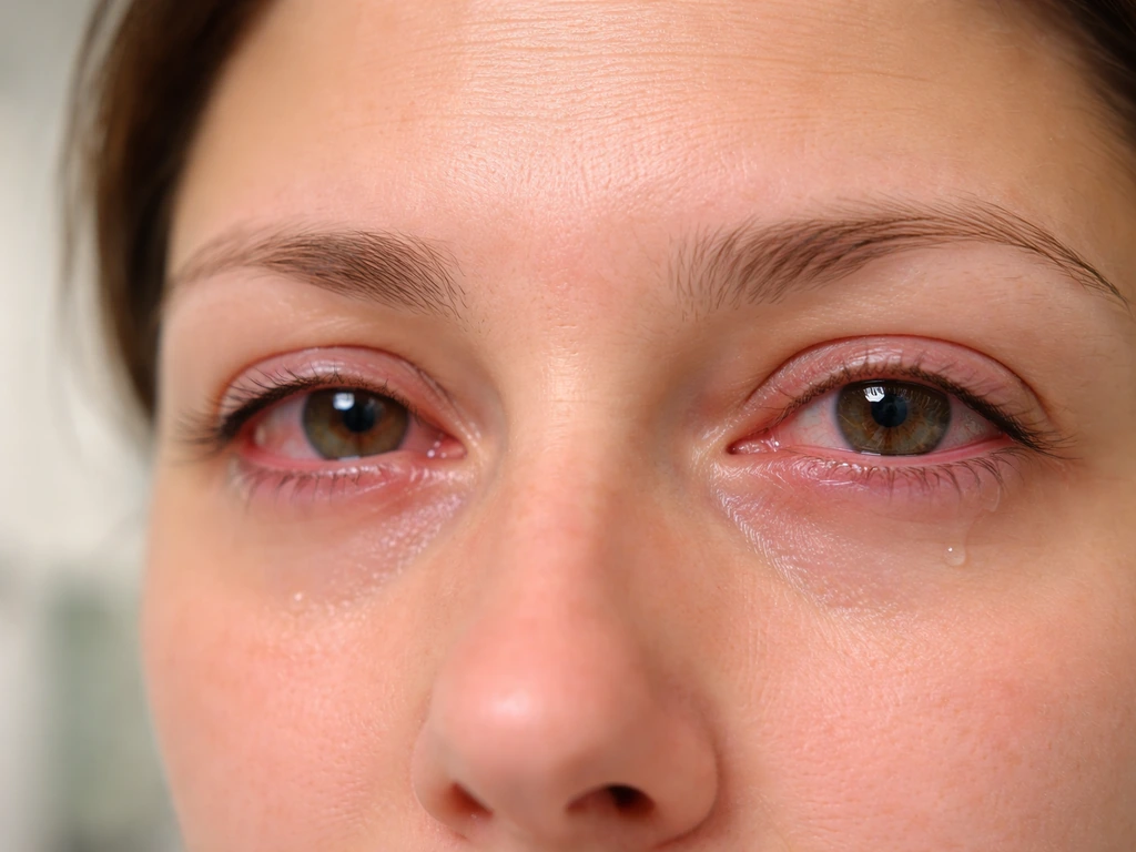 Close-up of red, watery, itchy-looking eyes with tears and slight squint in a clean clinical setting.