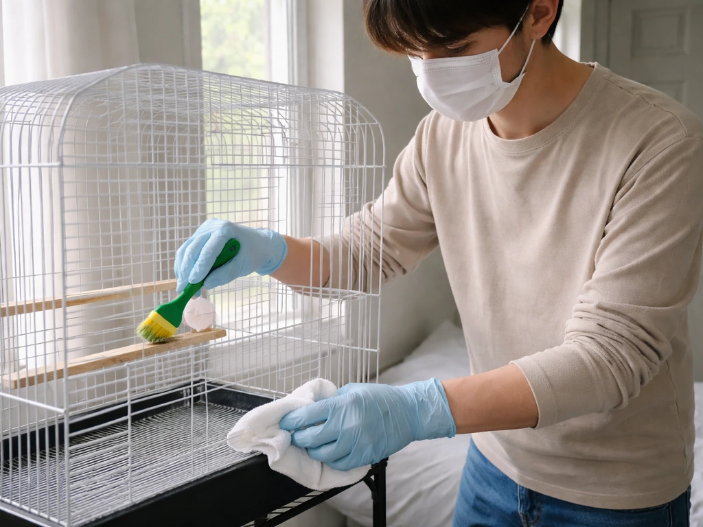Person in mask and gloves cleaning a bird cage in a bright room, with a bedroom door closed behind