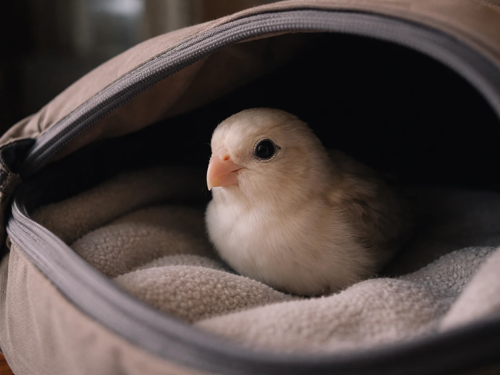 Calm pet bird in a covered travel carrier under low light, suggesting urgent vet-ready action