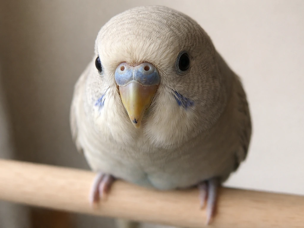Close-up of a small bird with pale blue/cyan discoloration around the cere, beak, and feet.
