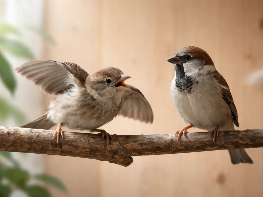 A small bird struggles to perch as it flaps, beside a calm healthy bird on a branch.