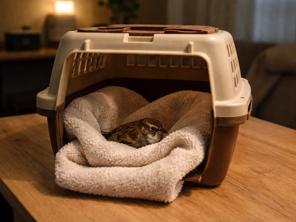 A small towel-lined carrier with a calm bird in a quiet dim room, suggesting at-home stabilization.