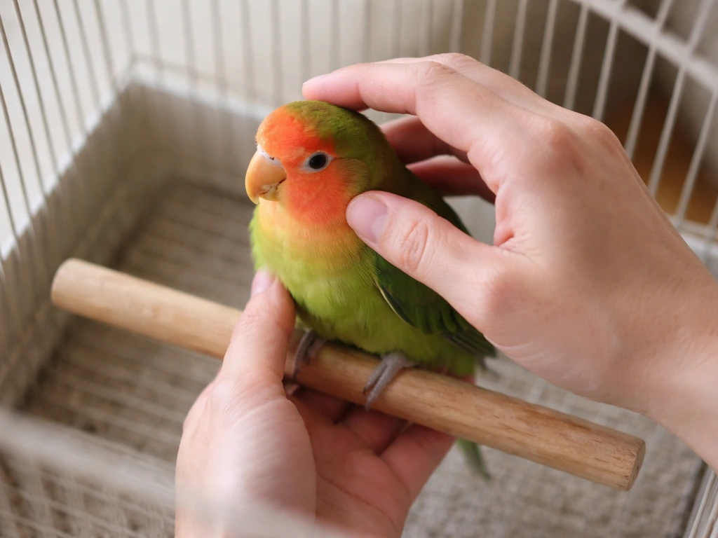 Caregiver gently holds a fluffed lovebird on a perch for a triage-style health check.