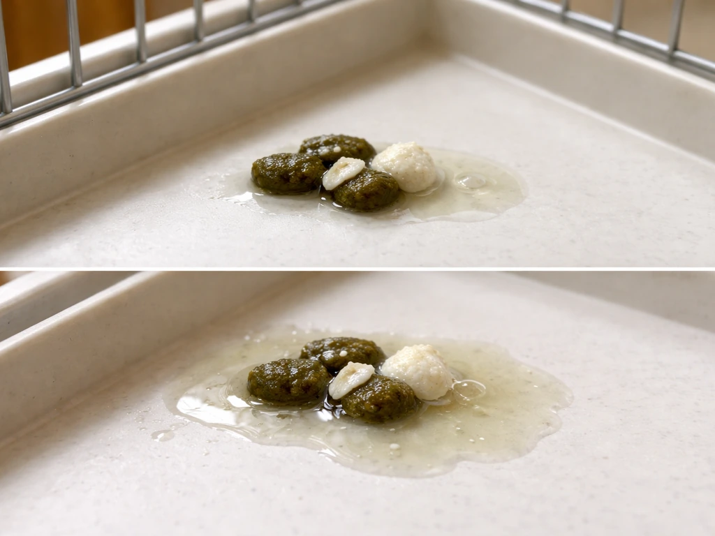 Close-up of lovebird droppings showing feces, chalky urates, and a normal vs watery sample.