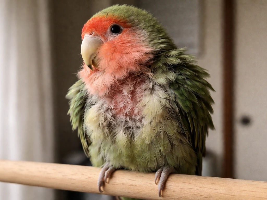 Close-up of a lovebird with ruffled, fluffed feathers and slight skin irritation on the body.