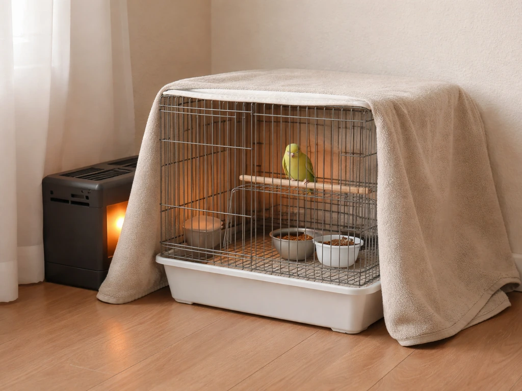 Small bird in a covered cage quarantine setup with safe warmth and accessible clean food and water.