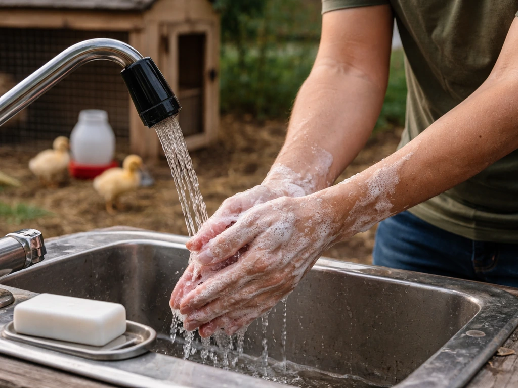 Person washing hands with soap at a backyard poultry wash station after handling chicks