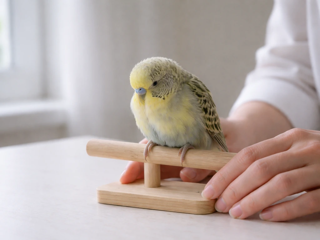 Caretaker gently checking a small pet bird’s posture and breathing in a quiet home setting.