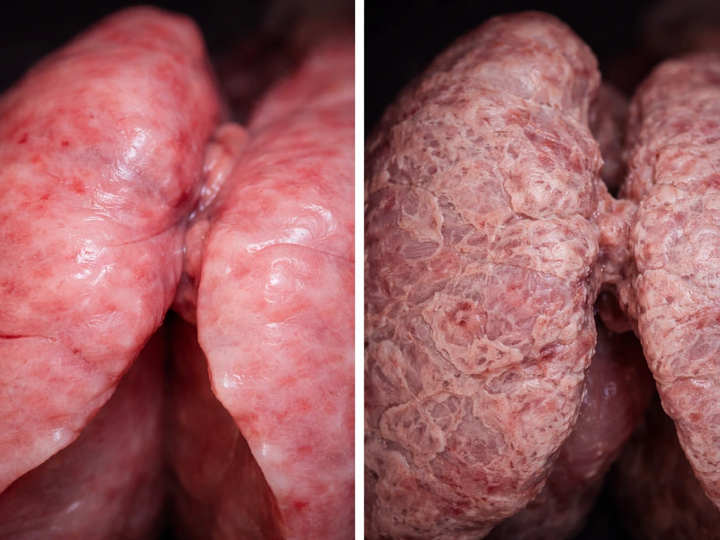 Two-panel photo showing lungs at different stages: slight inflammation vs heavy scarring, no text.