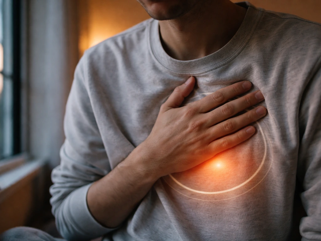 Anonymous person holding their chest indoors, with a subtle warm glow suggesting inflammation onset after exposure.