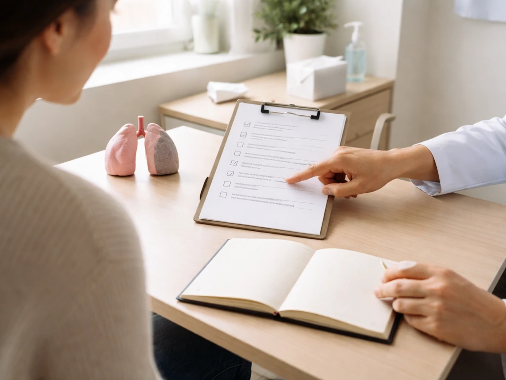 Clinician helping a patient set an antigen avoidance plan with a calm checklist-style scene and split lung outcome icons