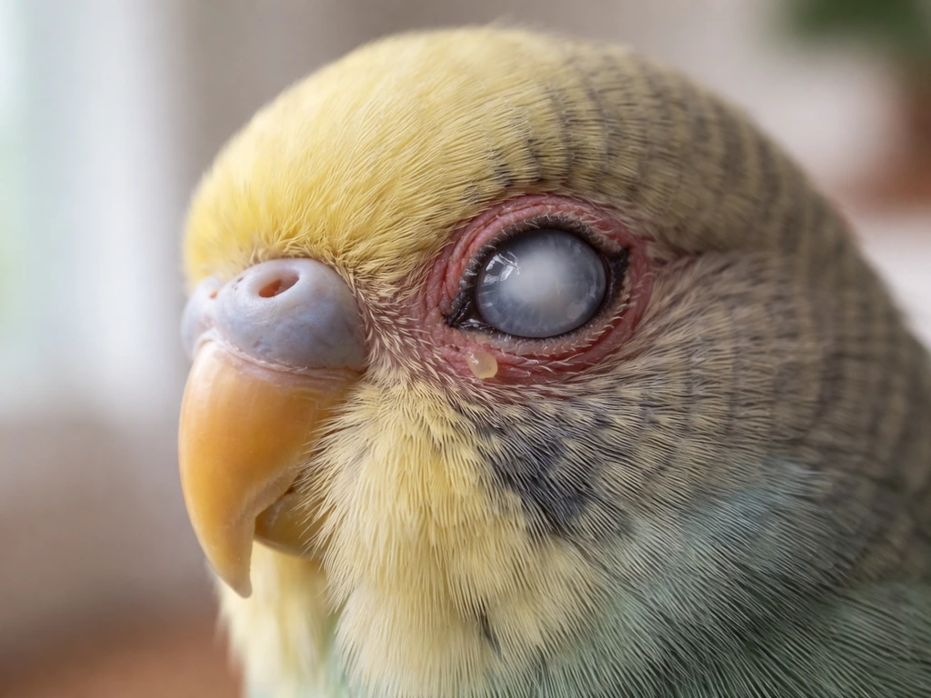 Close-up of one bird eye with cloudy white haze over the cornea and slight swelling/discharge.
