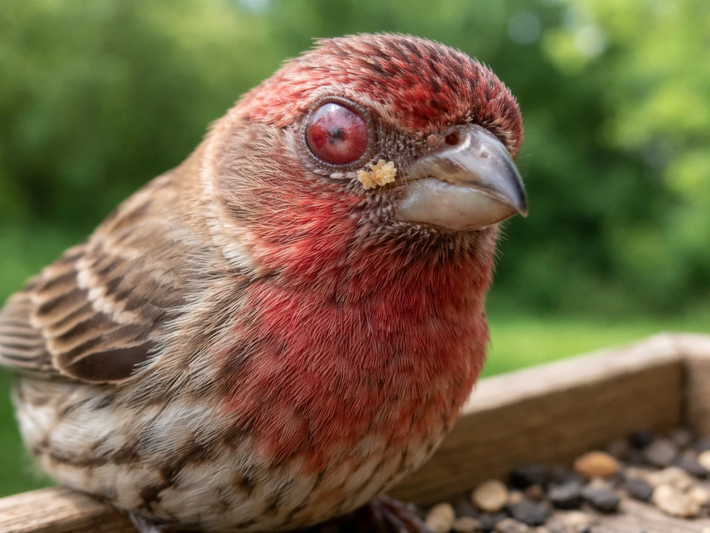 Close-up of a small finch at a backyard feeder with a visibly red, swollen, discharging eye