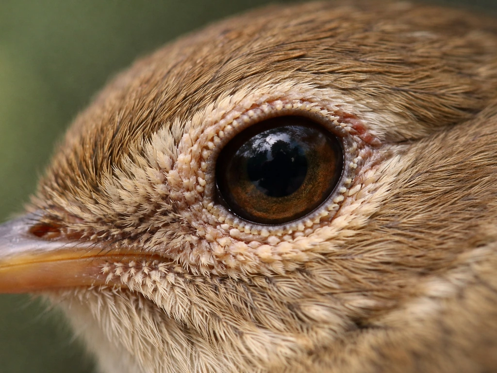Close-up of a bird eye with pale whitish spots around the eyelid area in soft natural light.