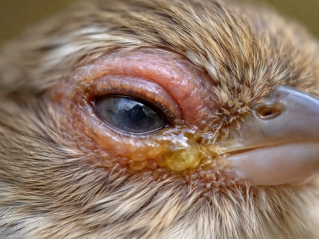Close-up of a bird’s eye with watery discharge, swollen eyelids, and slight corneal haze