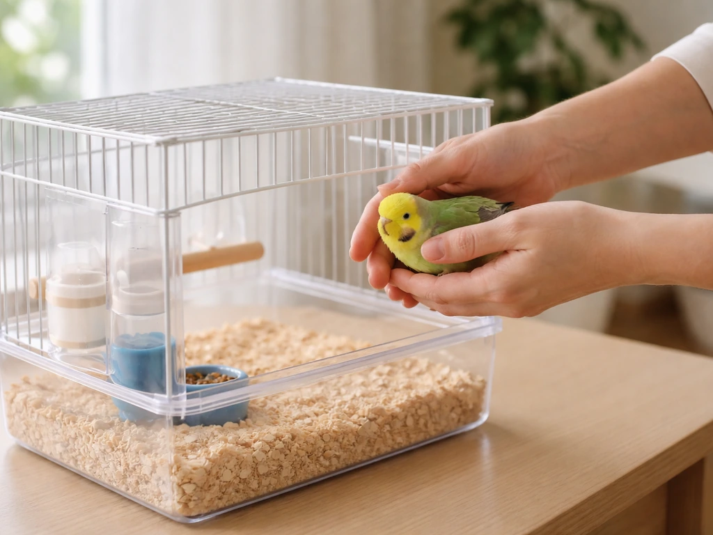 Caregiver isolating a small pet bird into a clear quarantine cage to prevent spread.