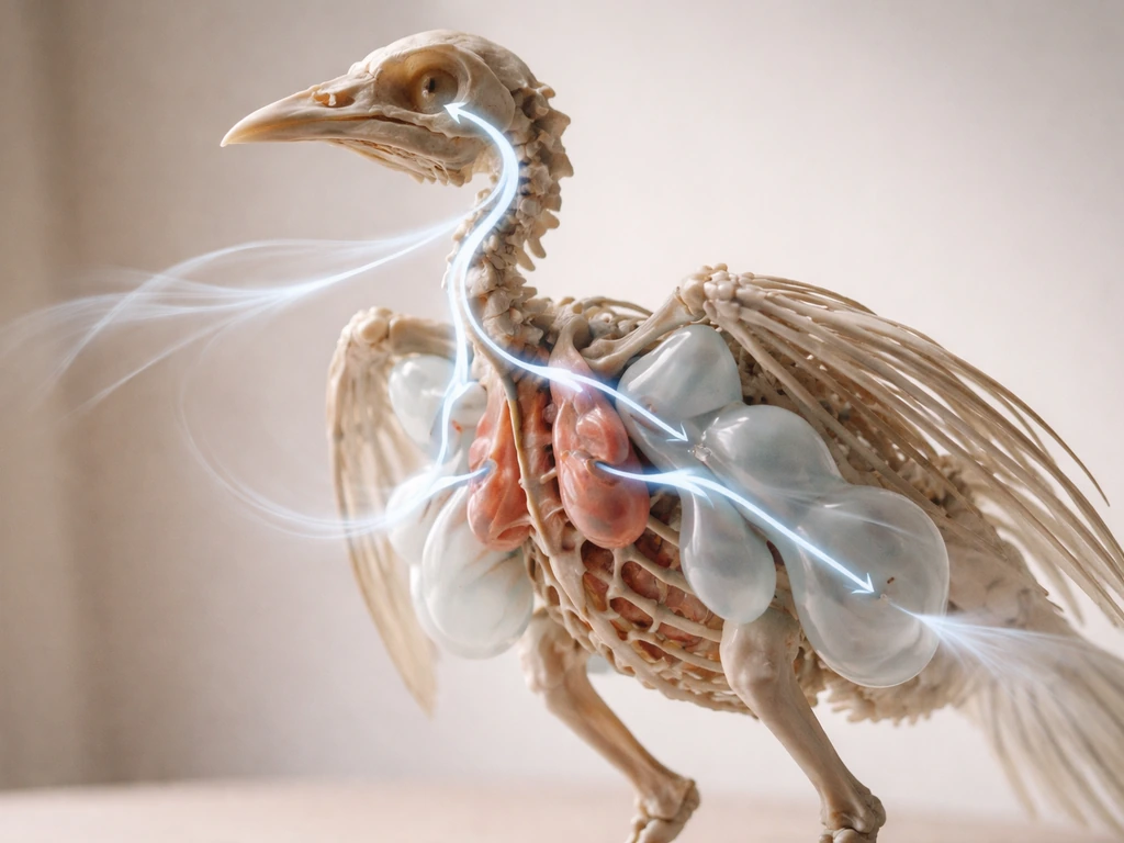 Minimal studio view of bird air sacs with translucent one-way airflow and a small air-sac tear leak.