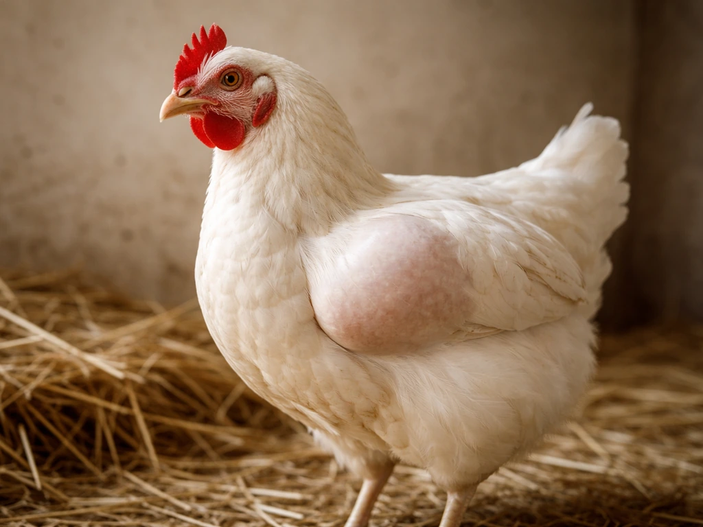 Side view of a chicken in a simple barn with a visible subcutaneous air pocket under the skin.