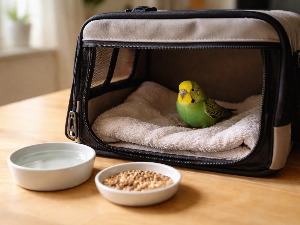 Small pet bird in a lined carrier box beside water and food in a quiet, safe room setting.
