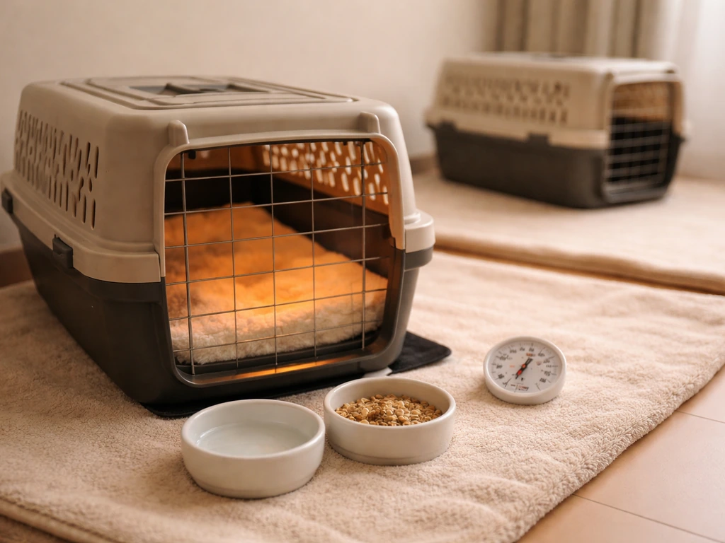 Warm, clean enclosure setup with a heat source and separate bird area for recovery care.