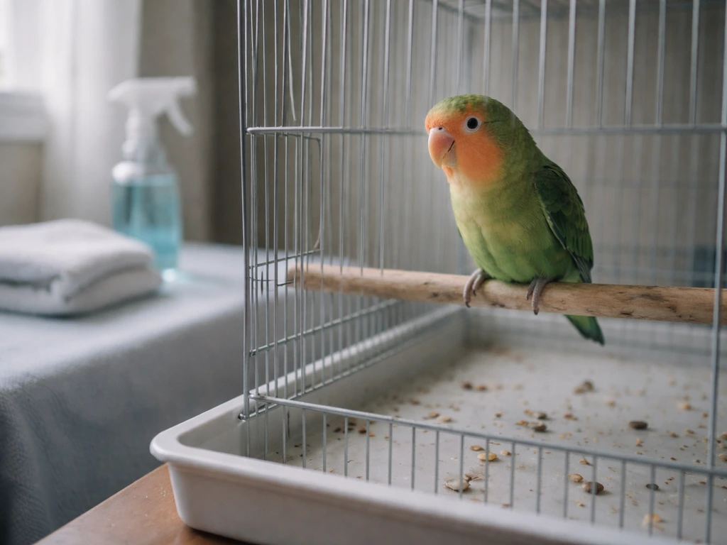 Pet parrot perched by a cage with visible droppings and vet-caution items in soft natural light.