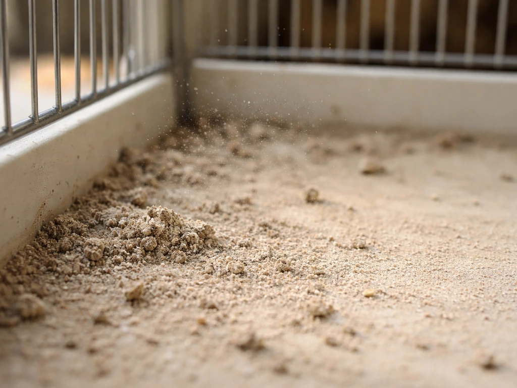 Close-up of dried bird droppings turned to fine dust on a cage floor, lightly disturbed into airborne particles.