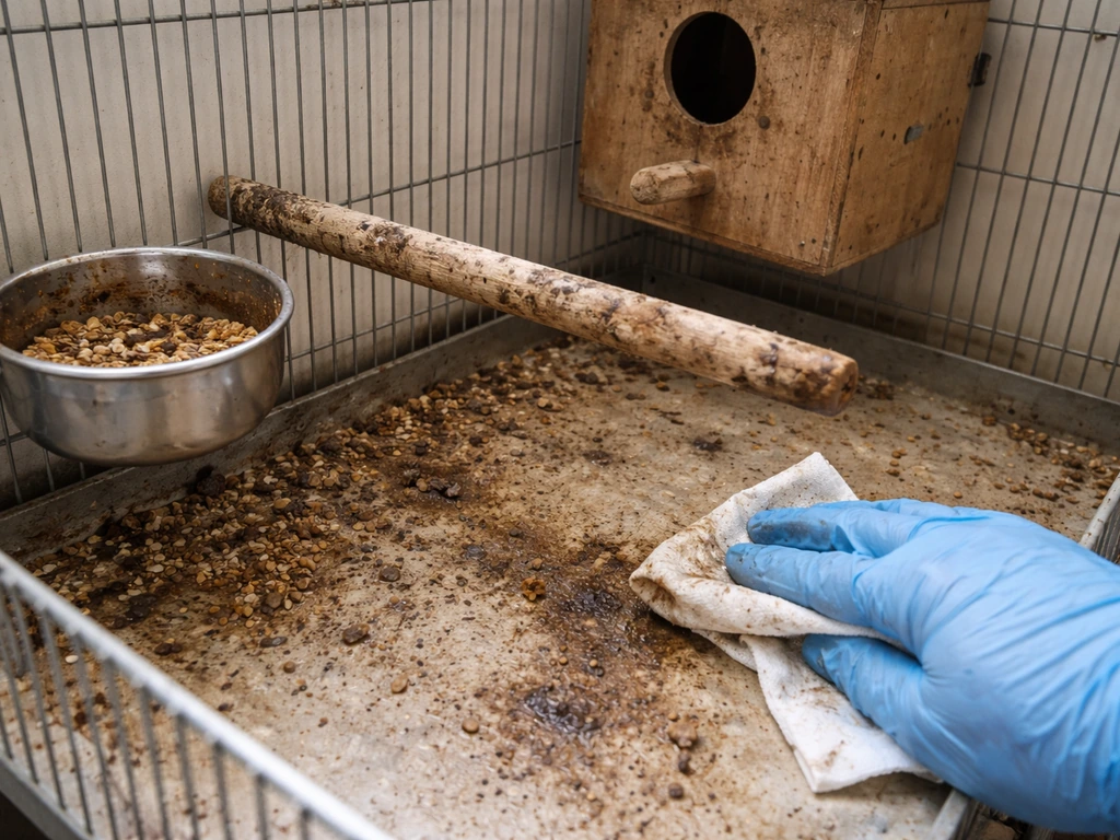 Soiled feeding bowl, perch, cage bars, and nest box being wiped with disinfectant inside a bird cage.