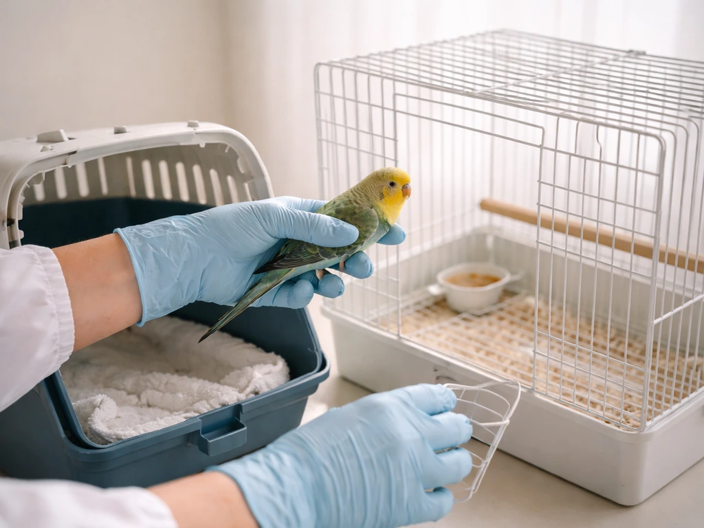 Gloved handler isolates a small bird into a separate clean cage in a quiet room.