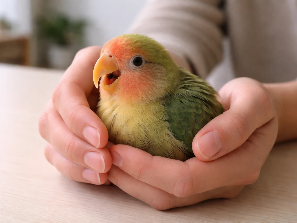 Owner’s hands gently support a lovebird showing concerning breathing and fluffed posture indoors.