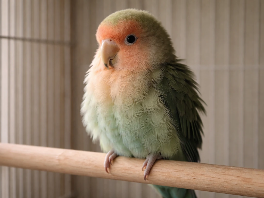 Close-up of a lovebird with fluffed feathers sitting calmly, showing an early illness warning sign.