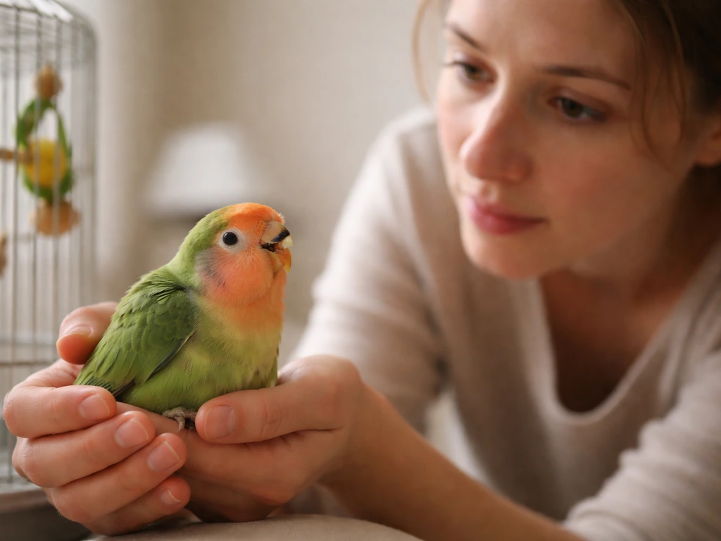 Owner gently checks a lovebird in a softly lit room as it breathes with visible stress